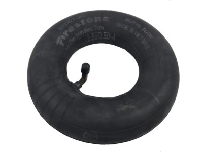 A black rubber inner tube with a valve stem, labeled "Firestone," suitable for 4" tires.